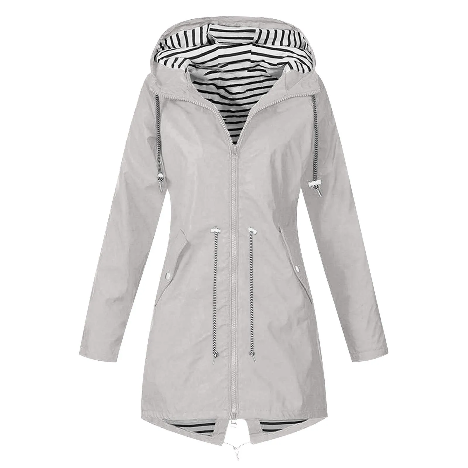 

Women's Fashion Hooded Outdoors Zipper Windproof Trench Coats Casual Waterproof Drawstring Rain Jackets Mountaineeri Female