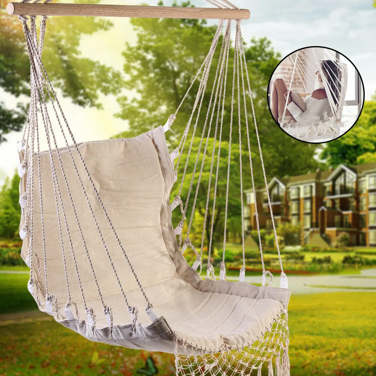 

Canvas Swing Hanging Hammock Cotton Rope Tassel Tree Chair Seat Patio Outdoor Indoor Garden Bedroom Hanging Chair