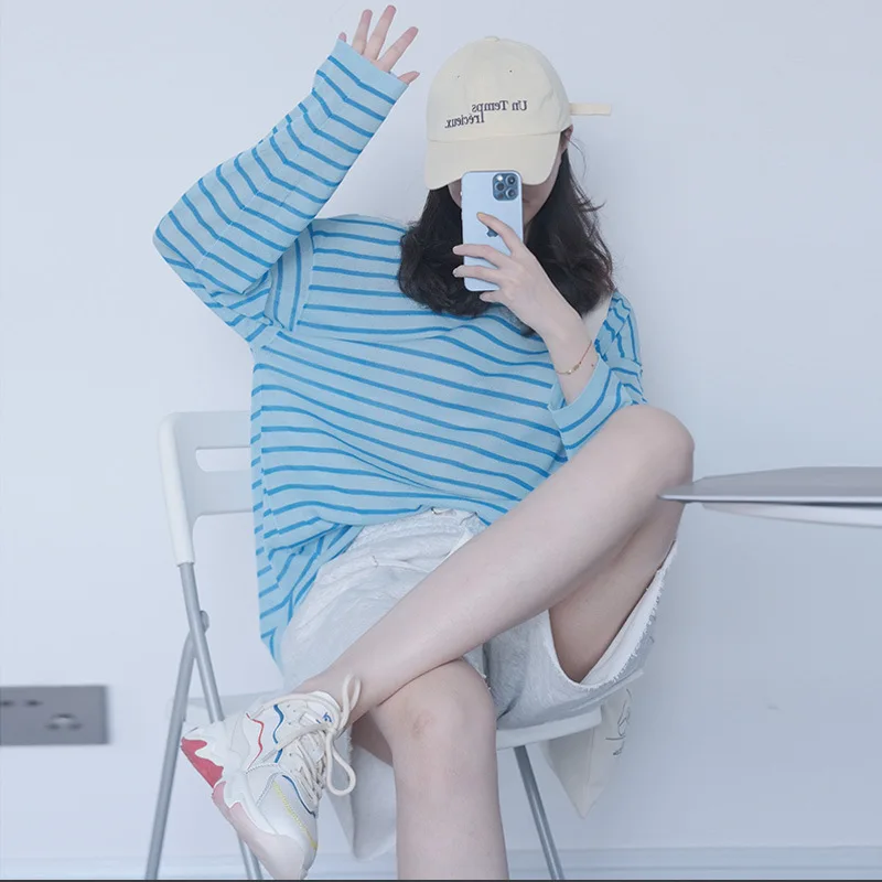 

Blue White Cardigans Women Spring Summer 2023 Stretchy Striped Knitted Tops Sweaters Harajuku Kawaii Clothes Dropshipping