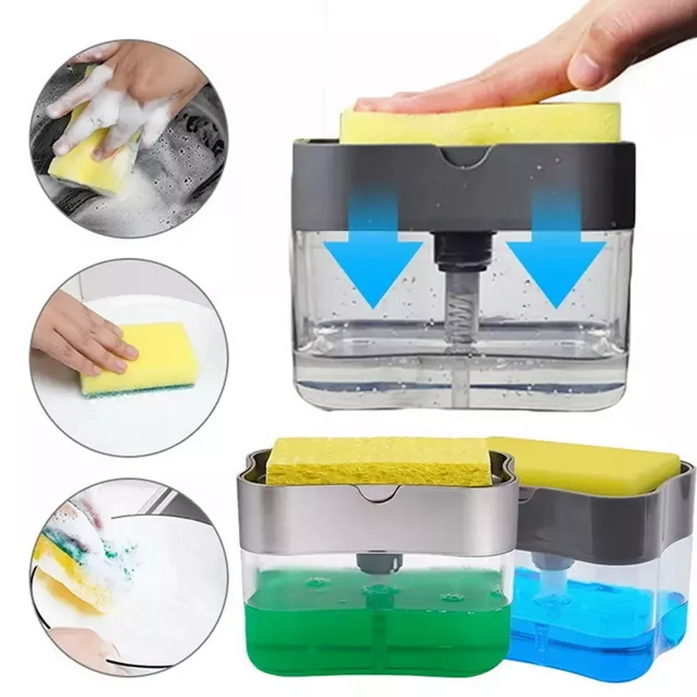 

Dispenser with Sponge Manual Press Cleaning Liquid Dispenser Container Manual Press Soap Organizer Kitchen Accessories