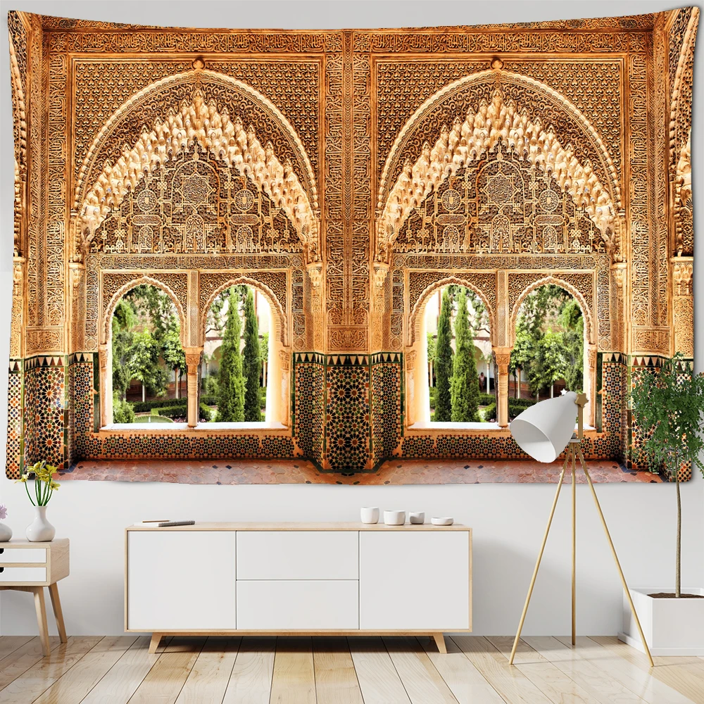 

Golden Hall Moroccan landscape Art Tapestry Psychedelic Scene Decoration Hippie Bohemian Tapestry Room Bedroom Wall Blanket