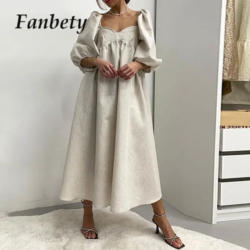 

Женское длинное платье с квадратным вырезом, элегантное свободное однотонное платье из хлопка и льна с короткими рукавами-фонариками, лето 2023