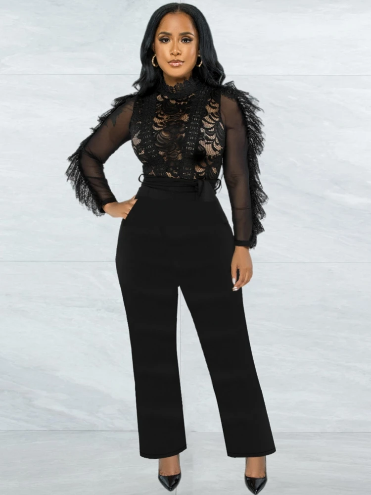 

Women's Jumpsuit Autumn New Product Solid Lace Half High Collar Long Sleeve High Waist Pants Female Fashion Sexy Slim Jumpsuit