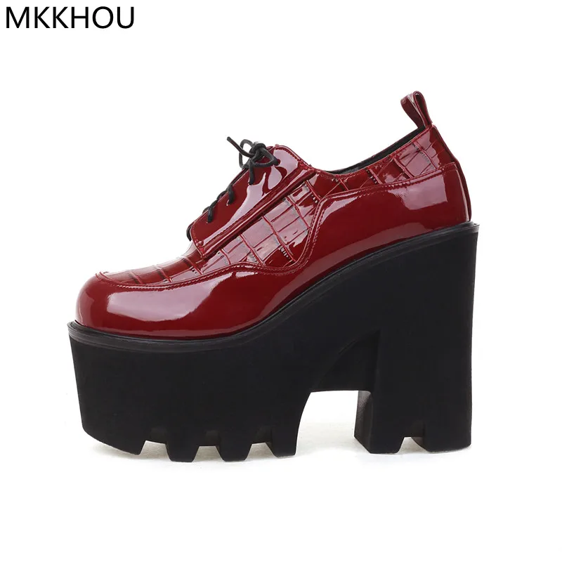 

MKKHOU модная женская обувь Новинка лакированная кожа с принтом круглый носок шнуровка платформа высокий каблук увеличенная Повседневная нейтральная обувь