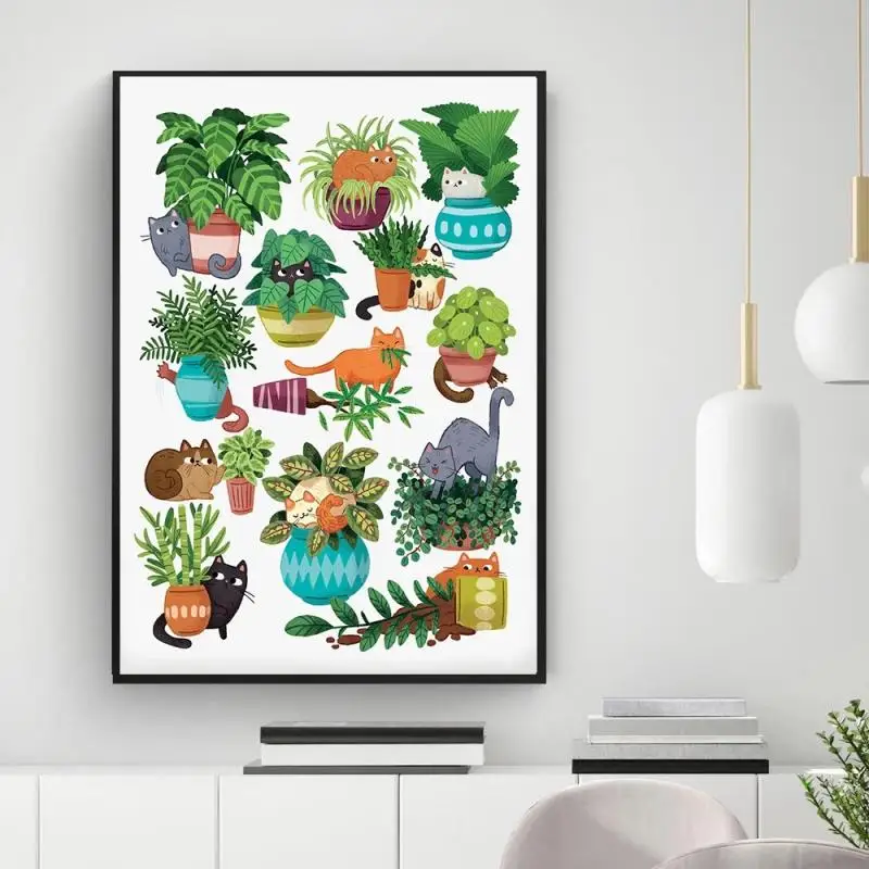 

Cartoon Potted Plants Cat Illustration Wall Picture Nordic Poster And Print Gardening Canvas Painting Wall Art Home Decor Mural