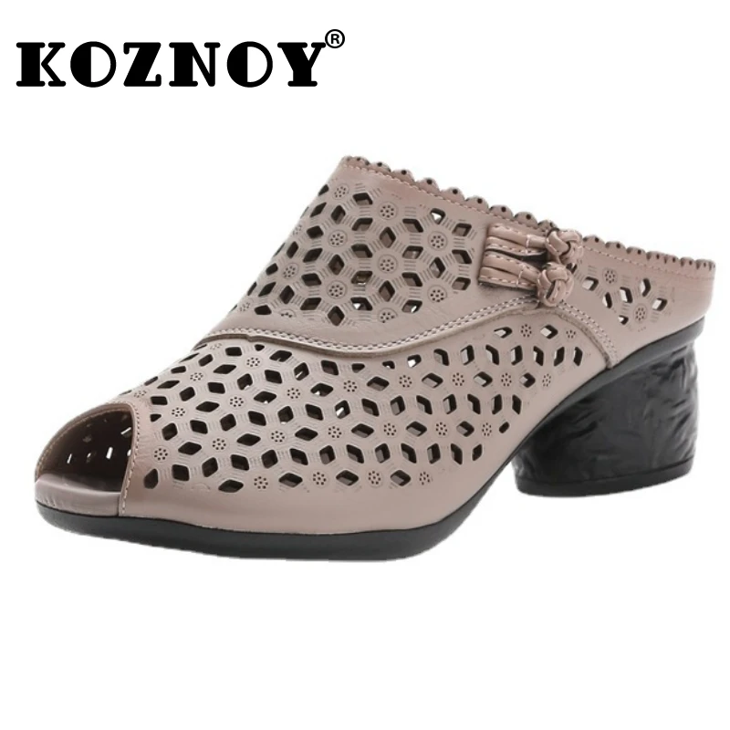 

Koznoy 5cm Retro Genuine Leather Ethnic Comfy Summer Mom Sandals Women Hollow High Heel Fish Mouth Non Slip Slipon Soft Slippers