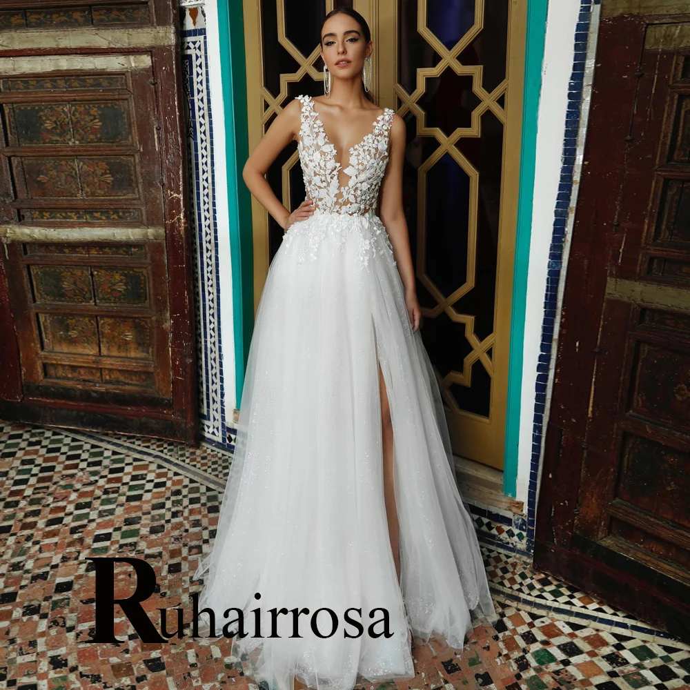 

Ruhair Modern V-Neck Sleeveless Side Slit Tulle Wedding Gown Floor Length For Bride Appliques Lace Robe De Mariée Made To Order