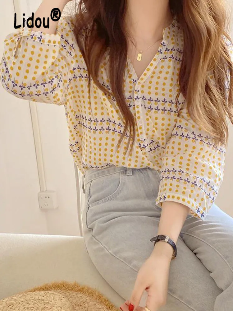 

Sweet Chic Korean Style Autumn Clothes Women Casual V Neck Long Sleeve Fashion Print Blouse Top Female Loose Street Kawaii Shirt