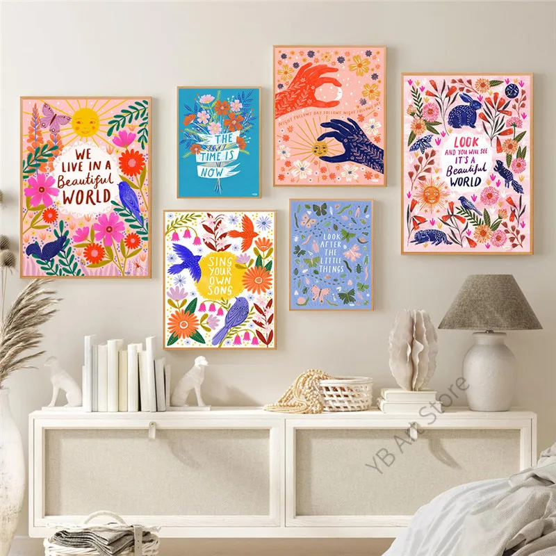 

We Live In A Beautiful World Poster Be Kind To Yourself Canvas Painting Inspiring Art Nature Flowers Nursery Home Room Decor