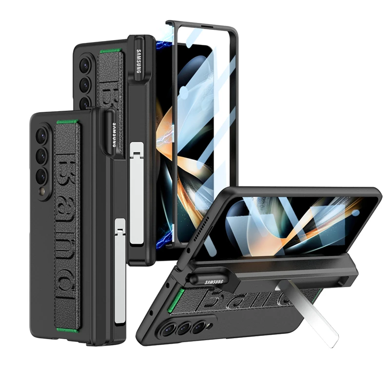 

GKK Wrist Strap Magnetic S Pen Holder Hinge Bracket Grip Band Case for Samsung Galaxy Z Fold 4 5G Hard PC Cover With Screen Film