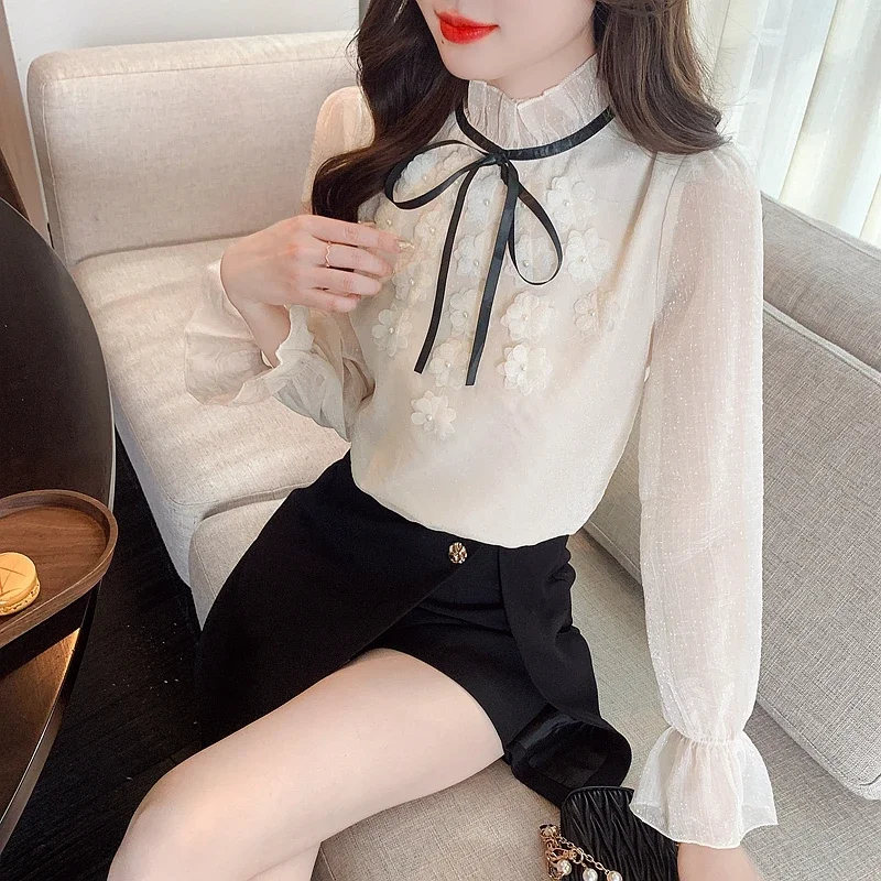 Модная женская блузка с воротником-стойкой и цветочным бантом Рубашки Топы