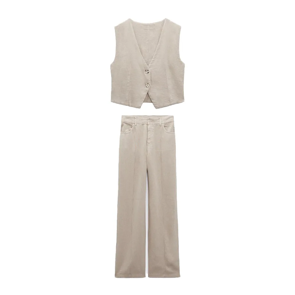 

Zach AiIsa summer new women's all-match V-neck linen blended slim vest + all-match high waist ridgeline straight casual pants