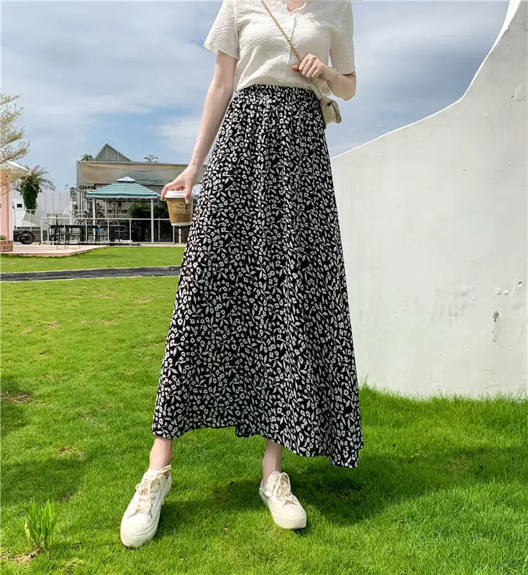 

Summer Chiffon Boho Vintage Print Floral Bohemian Skirt Pleated A-LINE Casual Skirt Long Bohemian Skirt High Waist Casual Skirts