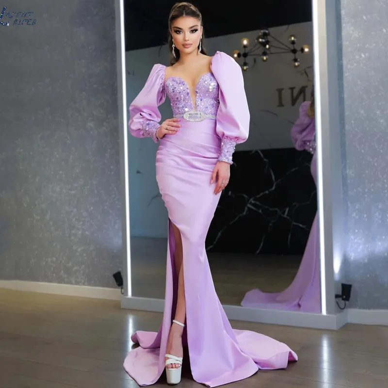

LAYOUT NICEB Sexy Mermaid Evening Dresses Beadings High Split Party Prom Gown Puff Sleeves Saudi Arabia