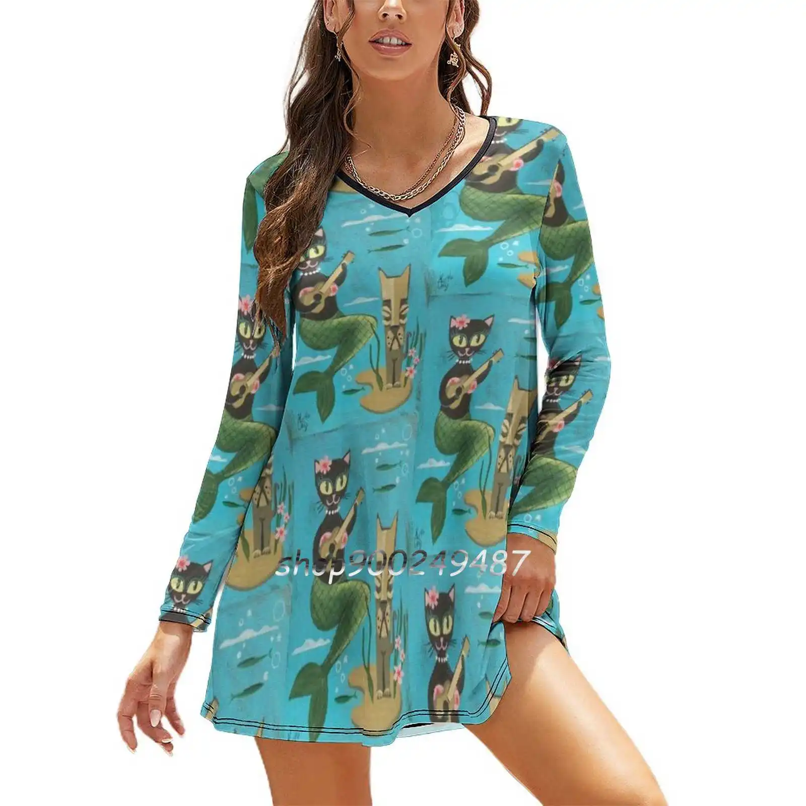 Платье с квадратным вырезом Tiki Cat милые свободные платья принтом элегантное