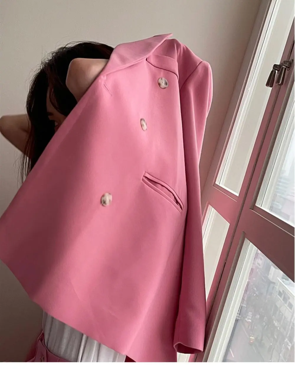 Korean Fashion Spring Autumn Women Pants Set Pink Loose Blazer Office Duble Breasted Suit Jackets Casual Pantsuit Female 2 Piece
