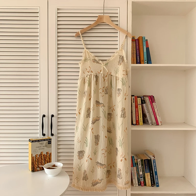 CAIYIER Summer Cute Cartoon Nightwear Korean Sweet Soft Sling Sleep Dress Kawaii Cotton Linen Women Nightgowns With Chest Pad