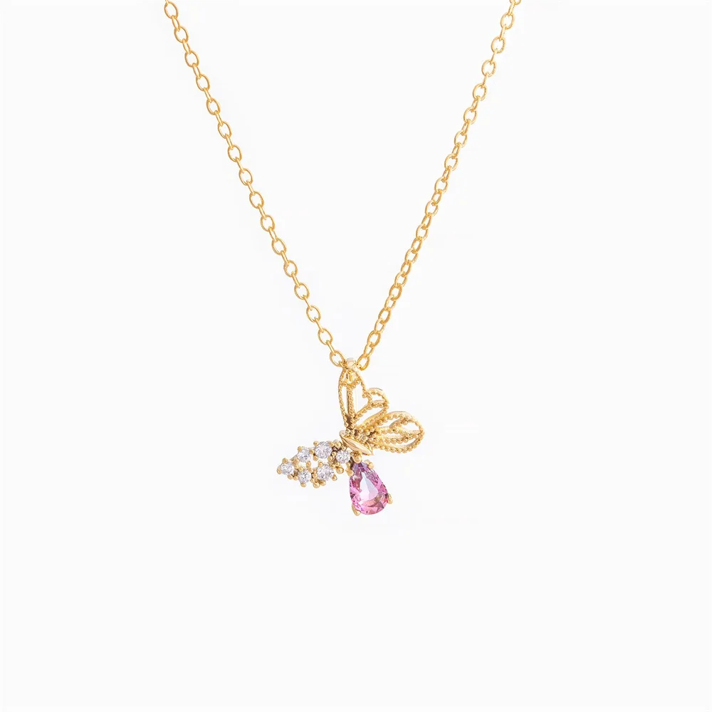 

Japanese and Korean Super Fairy Temperament Hollow Zircon Butterfly Necklace Pink Exquisite Personalized Clavicle Chain Jewelry