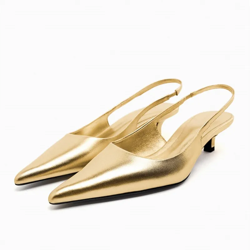 

TRAF 2023 Gold Leather Pumps For Women Summer Pointed Toe Heeled Sandals Woman Sexy Wedding Stiletto Elegant Heels Slingbacks