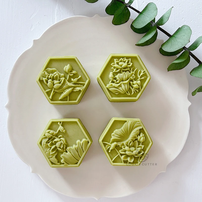 Flower Mooncake Mold 50-63g Cookie Mould Press Pastry Stamp Chocolate Hexagonal Lotus Moon Cake Mould Pastry Baking Tools