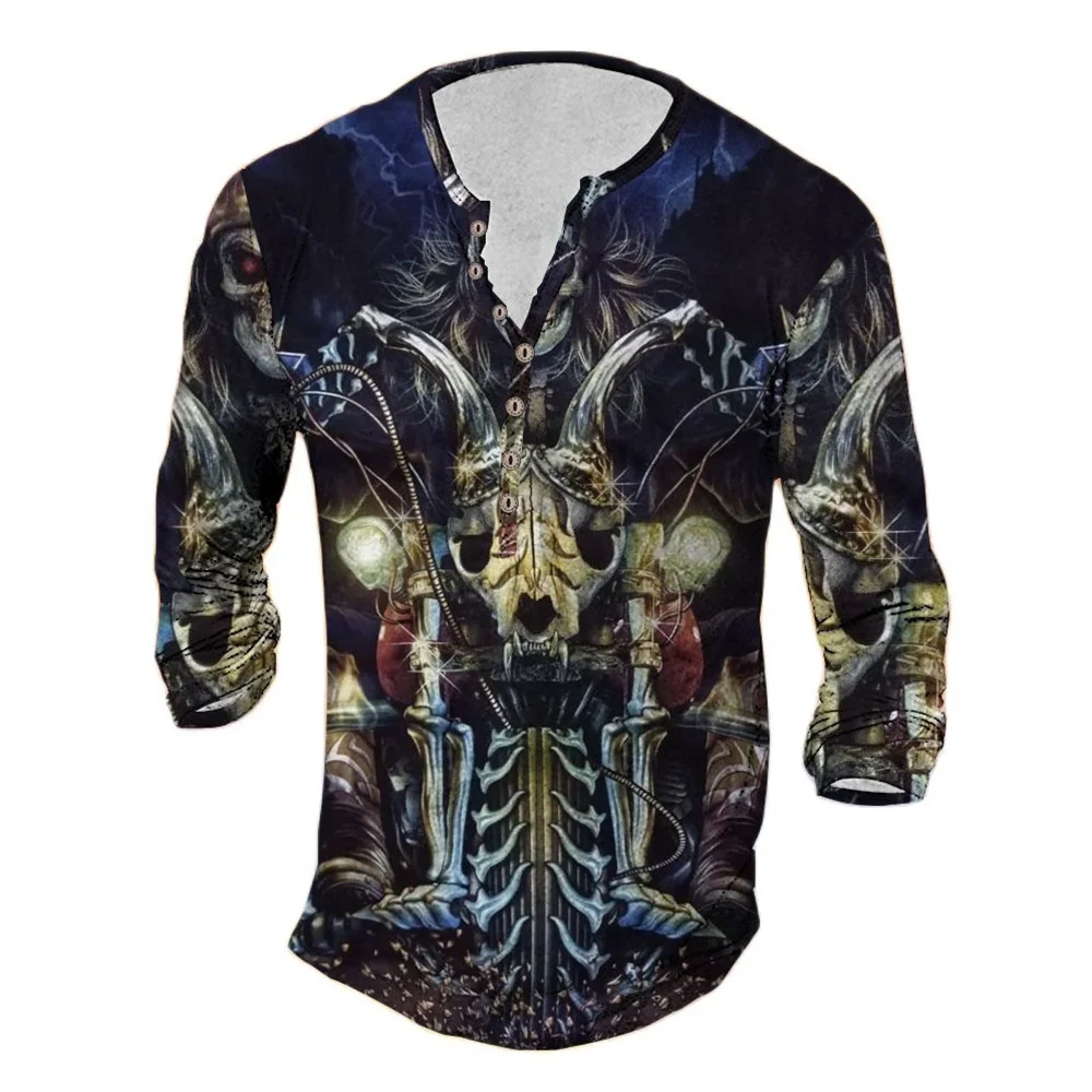 

Vintage Motorcycle T-shirt For Men 3d Skull Print V-neck Long Sleeve Henley Shirt Oversized Biker Tops Harajuku Punk Streetwear