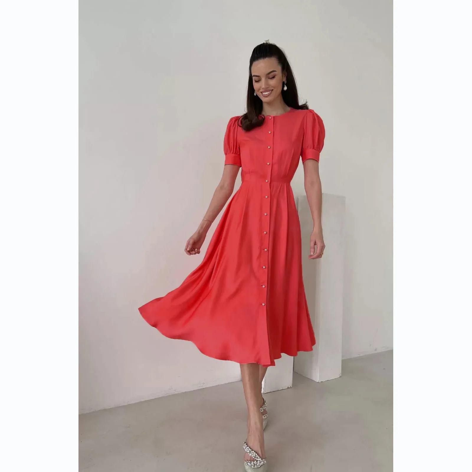 

Женское однотонное платье-рубашка, модное однобортное платье-рубашка средней длины с короткими рукавами, лето 2022