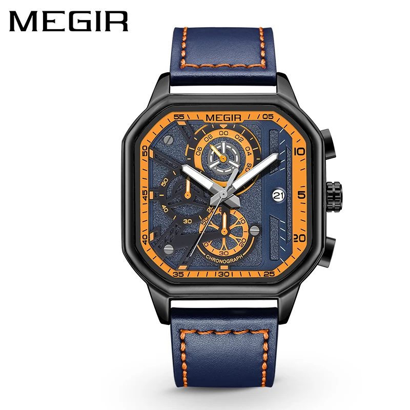 

MEGIR Men's Squre Business Work Analogue Quartz Chronograph Luminous Sport Wrist Watch with Leather Strap 8106G
