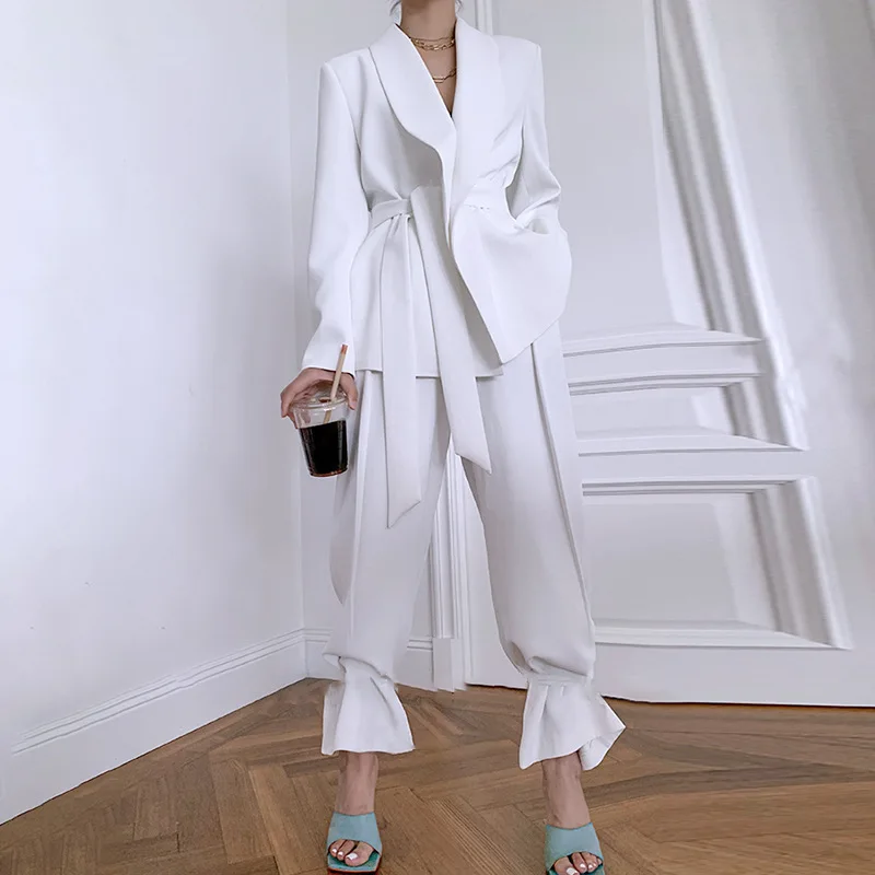 

Solid Color Korean Two Piece Set Women Korean Slim Blazer High Waist Belt Lace-up Straight Pants Suits Female 2022 Fashion New