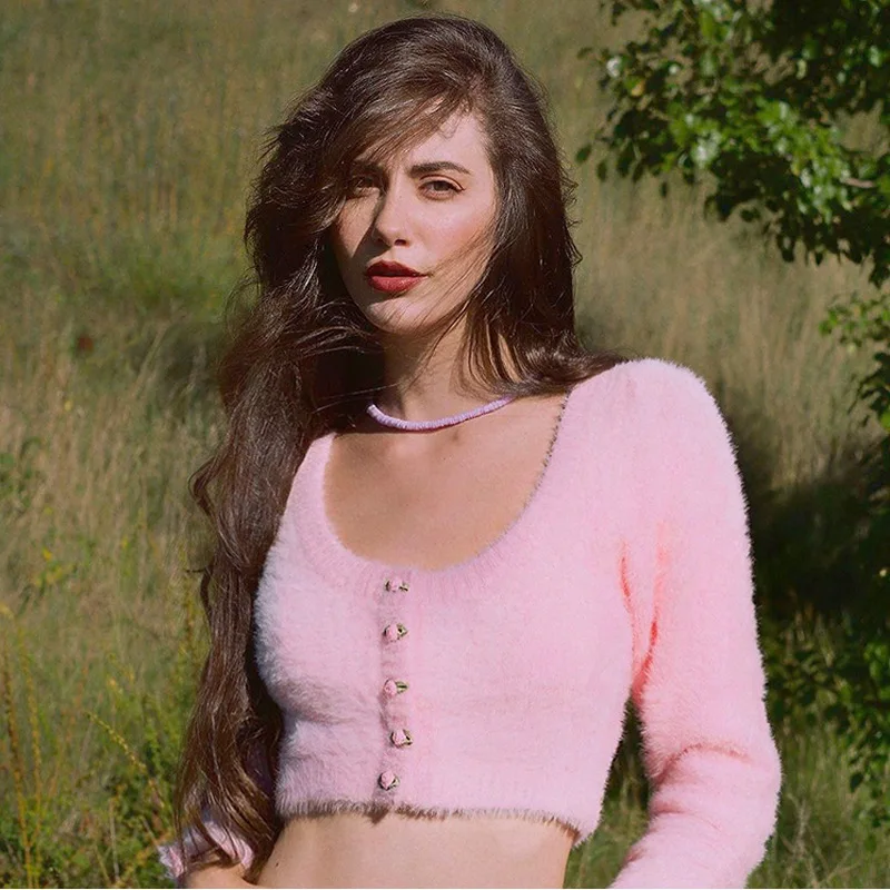 

Korean Long Sleeve Cardigan Pure Color Sweet Girl Pink Furry Low Round Neck Knitted Short Sweater Jacket 2021 Women's New Top