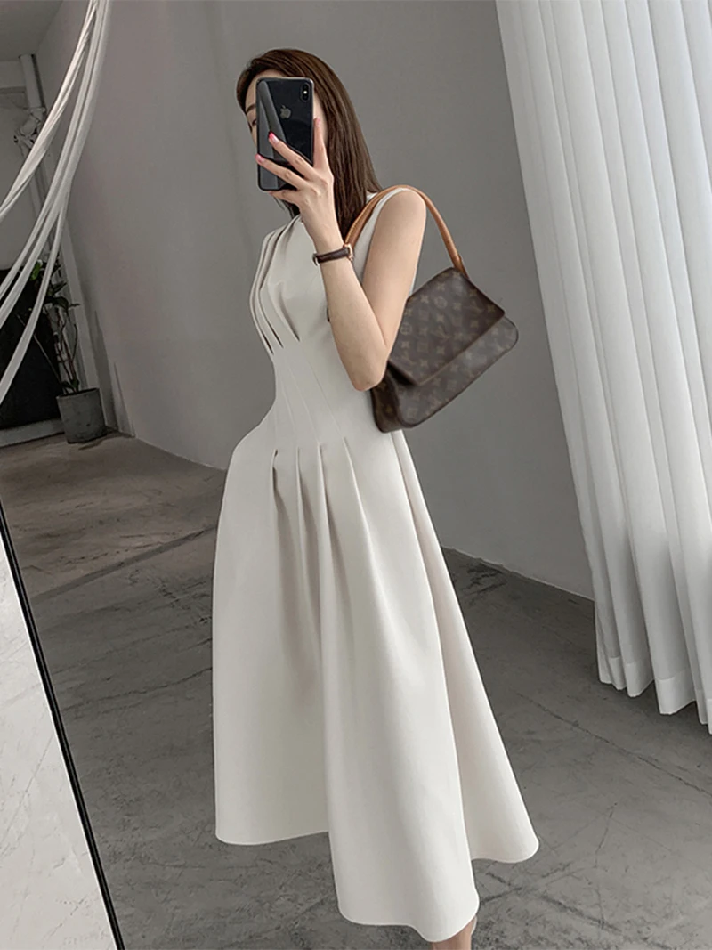 

Женское винтажное платье-миди без рукавов, элегантное однотонное платье-трапеция с О-образным вырезом и приталенной талией, лето 2023