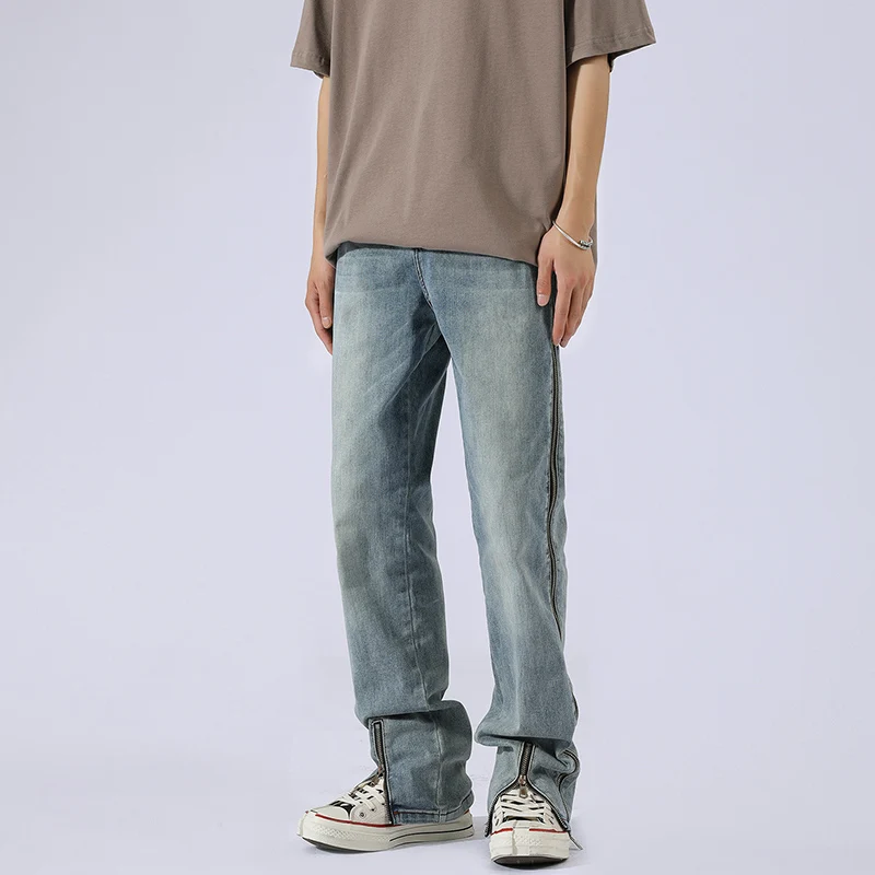 

Men and Women Straight Vibe Style Hip Hop Harajuku Jeans Streetwear Pants Side Long Zipper Retro Washed Casual Denim Trousers