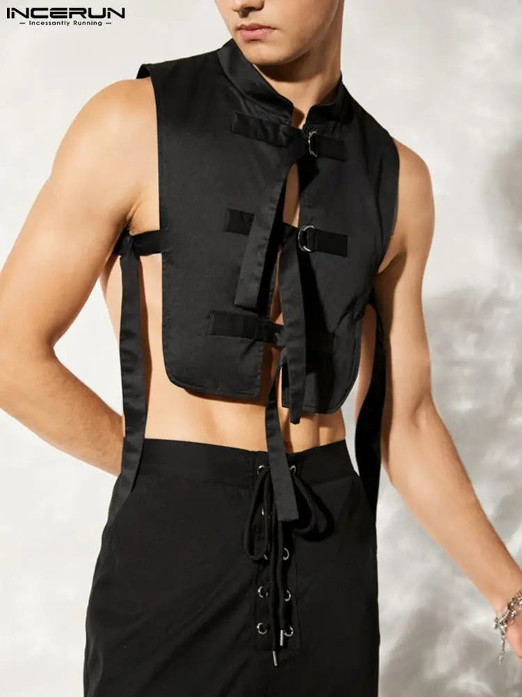 

American Style New Men's Metal Detail D-Button Blouse Casual Streetwear Male Sleeveless Truncated Shirts S-5XL INCERUN Tops 2022