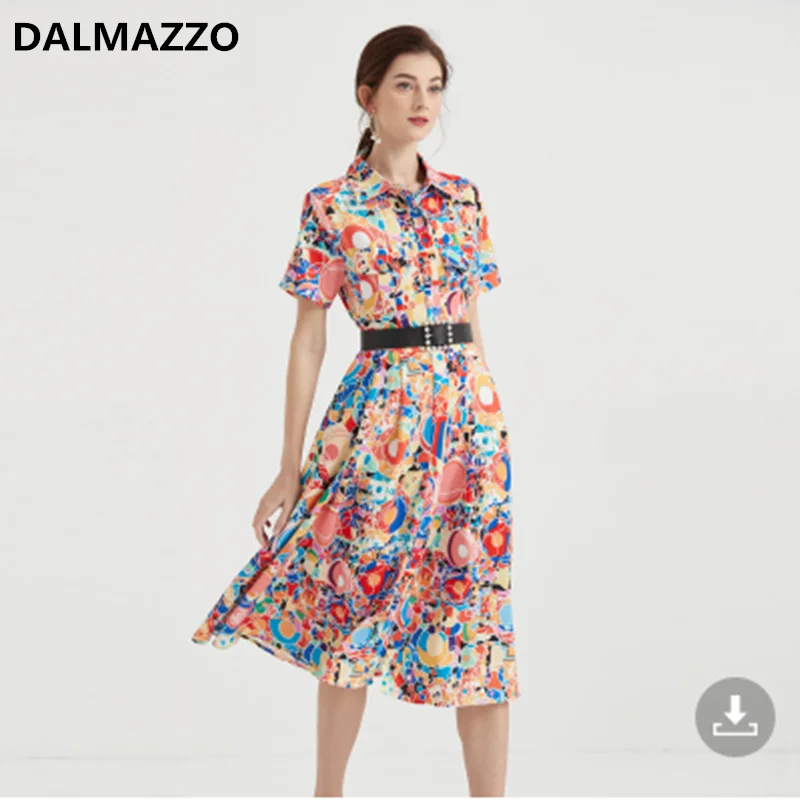 

DALMAZZO 2022 New Summer Luxury Designer Printed Over Knee Dress Women Lapel Short Sleeve Single Breasted Vestidos XL