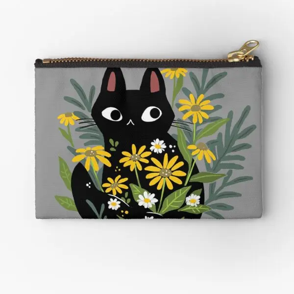 

Black Cat With Flowers Zipper Pouches Key Wallet Bag Packaging Panties Money Pure Cosmetic Underwear Storage Women Small Pocket