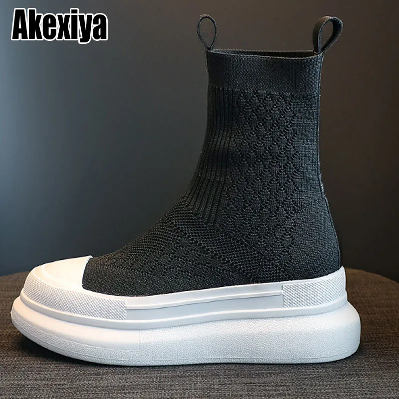 comemore Sock Shoes Woman 2022 Autumn Platform Boots Women's Casual ladies sneakers Weaven Booties Block Heel Female Footware