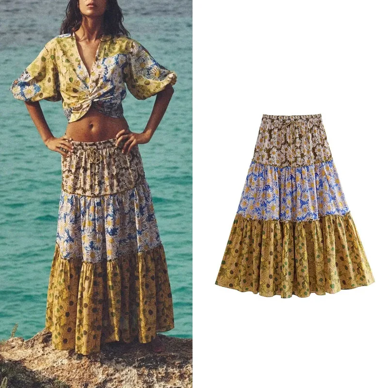 

TRAF Woman Printed Midi Skirt Summer Commuter Casual Ruching High Waist Skirts Adjustable Elastic Drawstring Waist Skirt Female