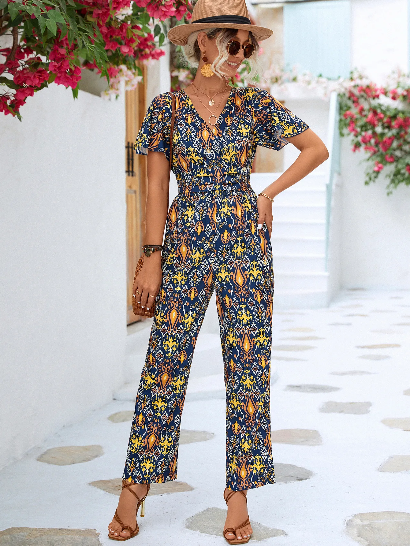 

Chicheca Elastic Waist Folk Print Navy Blue Long Pants Jumpsuit 2023 Overall V Neck Spring Dropshipping Summer Casual Playsuit