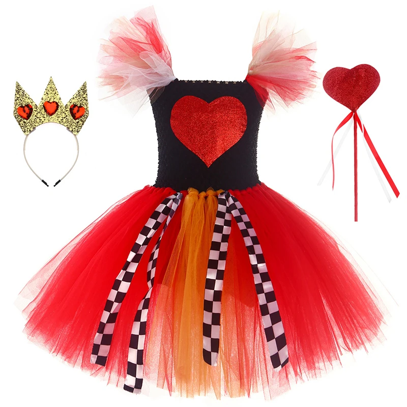 

Queen Of Hearts Costume Girls Birthday Party Clothes Wonderland Fairy Tale Princess Tutu Dress Kids Halloween Carnival Dress Up