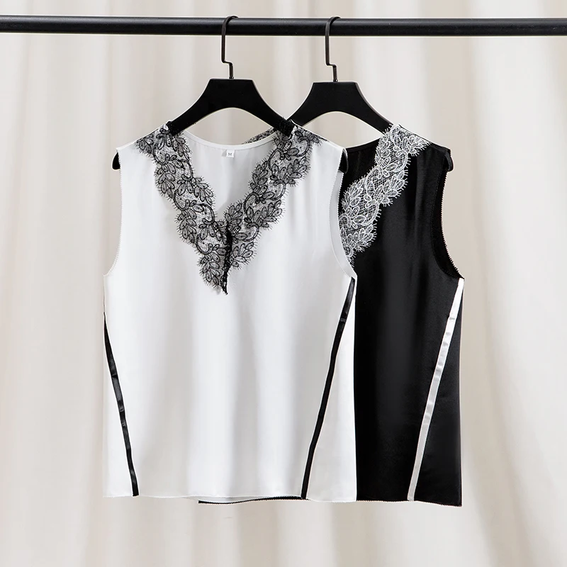 

High-end Fabric Tank Tops Womens Acetate Satin Sleeveless V-neck White Tops Dressy Splicing Lace Edge Small Shirt Women Clothing