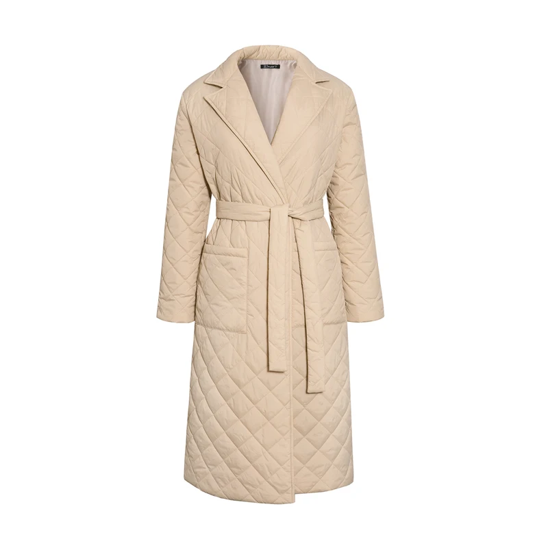 Long Straight Winter Coat with Rhombus Pattern Casual Sashes Women Parkas Deep Pockets Tailored Collar Stylish New Outerwear