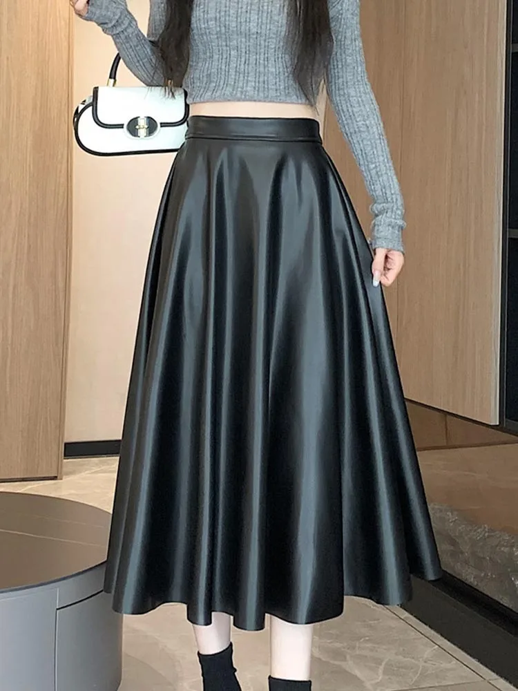 

Длинная юбка из искусственной кожи, Женская Зимняя юбка миди из искусственной кожи, модные элегантные свободные трапециевидные юбки, юбки в стиле ретро с эластичной завышенной талией