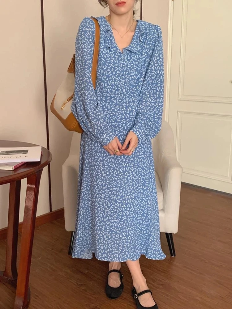 

Women Fashion Vintage Floral Print Dress Spring Long Sleeve Elegant A-Line Maxi Dresses Female Vestidos