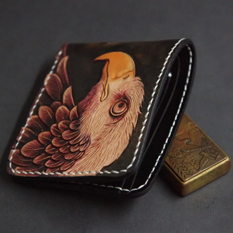 Hand-made Short Cow Leather Carp Wallets Purses Men Eagle Clutch Vegetable Tanned Leather Wallet Card Holder