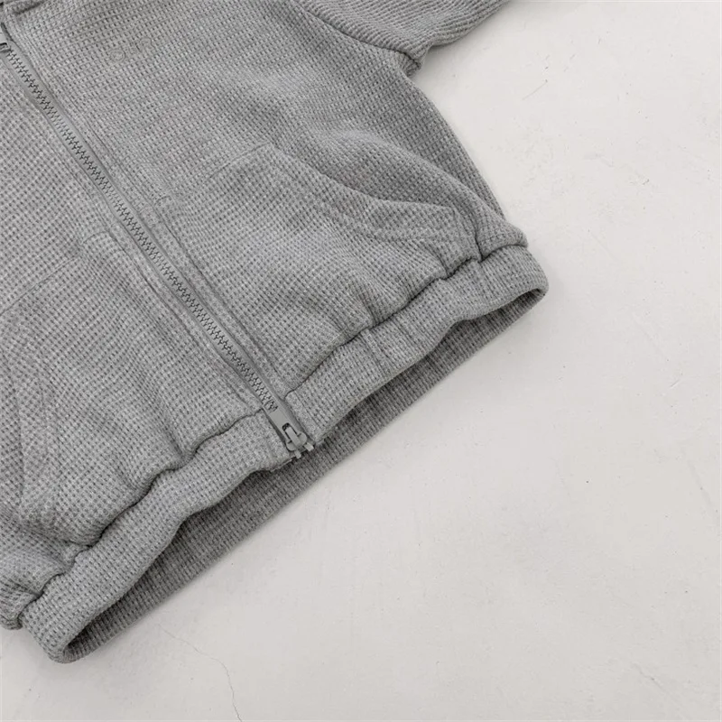 Spring Autumn Boys and Girls Solid color Waffle clothes sets zipper hooded coat and pants 2Pcs children set