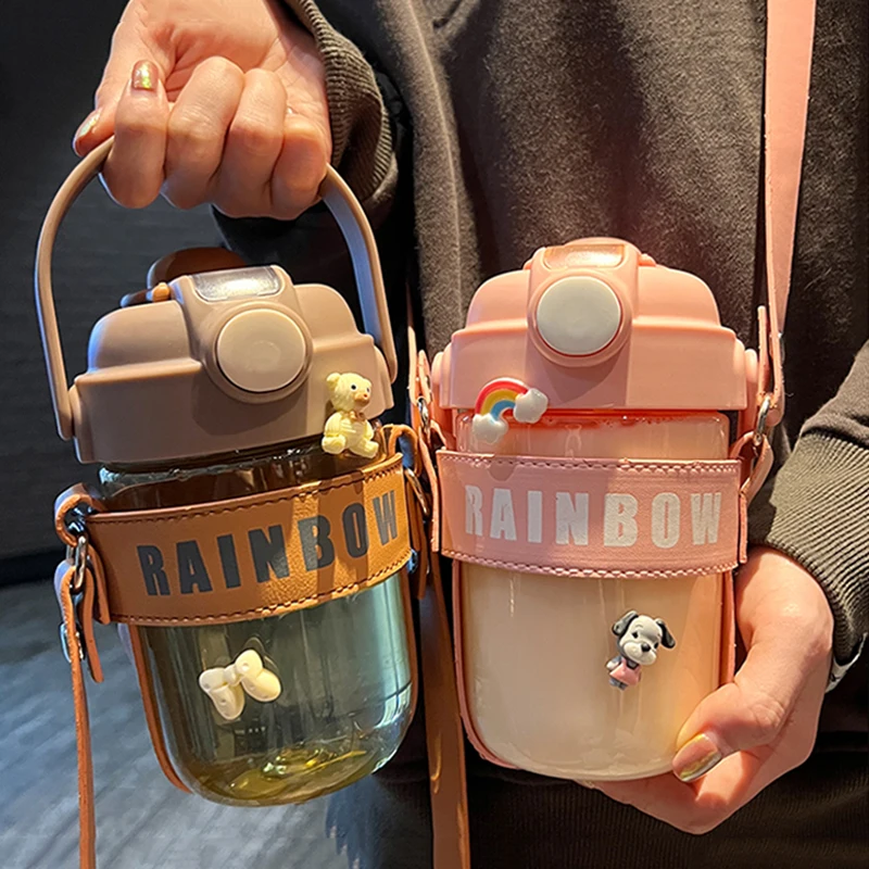 

700ml New Straw Water Bottle With Leather Case Large Capacity Double Drink Plastic Bubble Tea Cup Kids Student Drinking Bottles