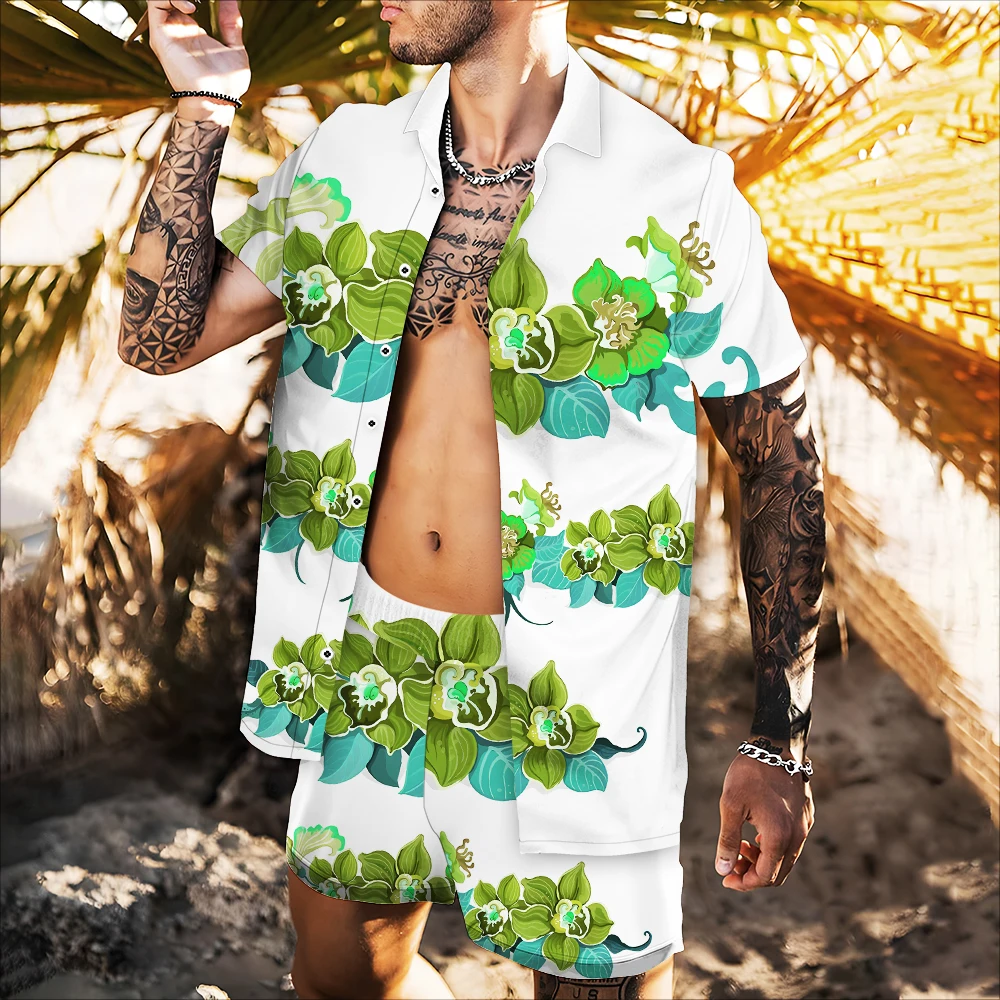 

Новинка 2022, модные Гавайские мужские повседневные Красочные Пляжные рубашки с 3D-принтом зеленых листьев и коротким рукавом, яркие мягкие вы...
