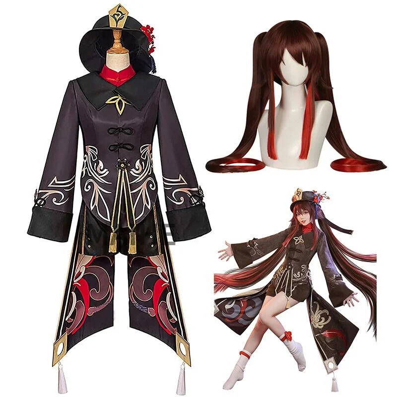 

Game Genshin Impact Hu Tao Cosplay Costume Uniform Wig Halloween Party Chinese Style Costumes Hat Ring Suit