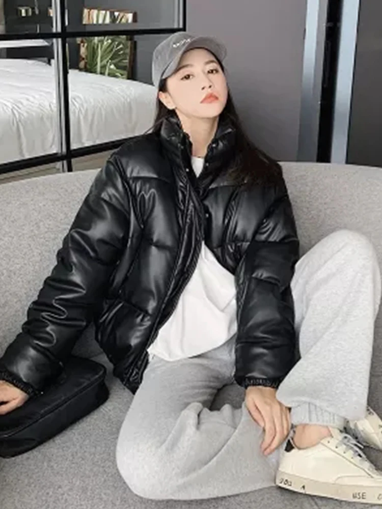 

Pu Leather Thicken Solid Parkas Woman Loose Long-Sleeved Coat Parkas Women Winter Warm Women's Jacket 2022
