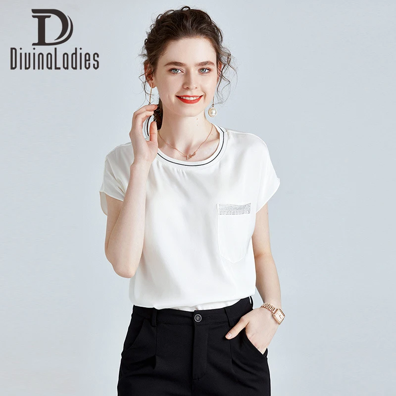 Silk Short Sleeve Tees Clothing Divinaladies 2022 Summer New Women Large Size Elegant White Blouse O-Neck Loose t-Shirt Top