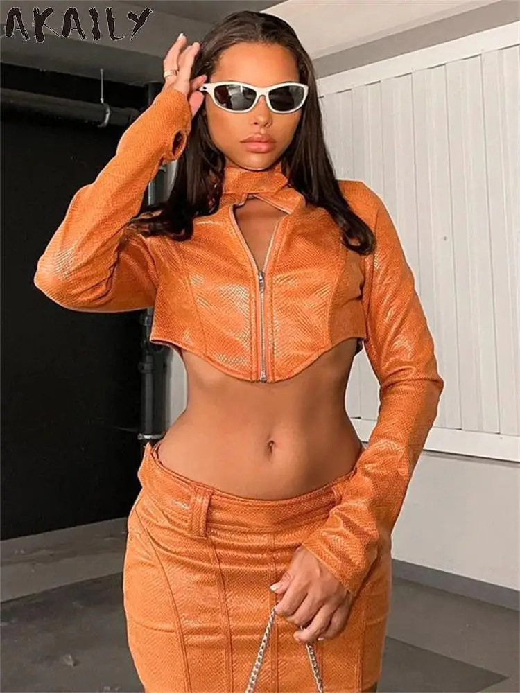 

Akaily Fall 2 Two Piece Sets Womens Casual Outfits Long Sleeve Zip Up Crop Top And Mini Dresses For Women 2022 Mini Skirts Sets